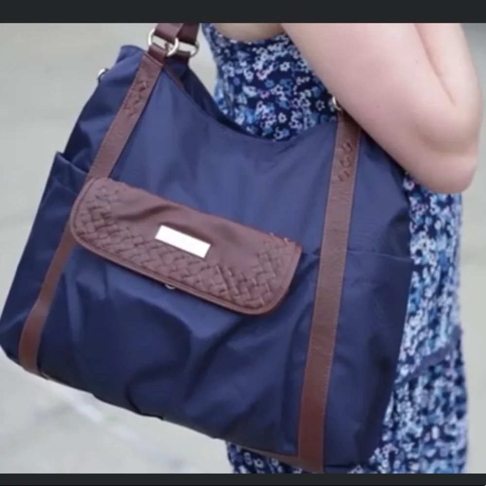 Lily Jade Navy blue brown leather Diaper bag convertible EUC